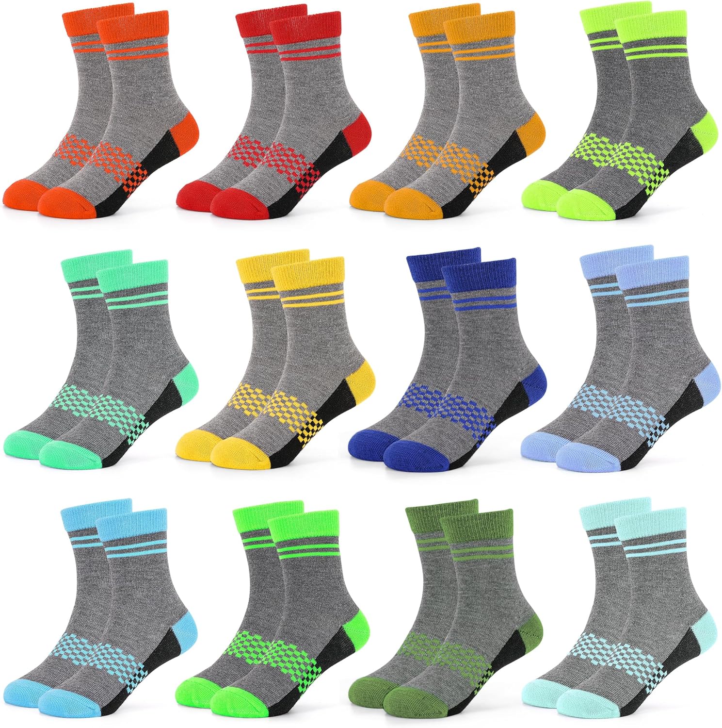 Boys Socks Girls Crew Socks, 12 Pairs Athletic Colorful Cushioned Sock, Soft Comfortable for Active Kids Aged 2-14