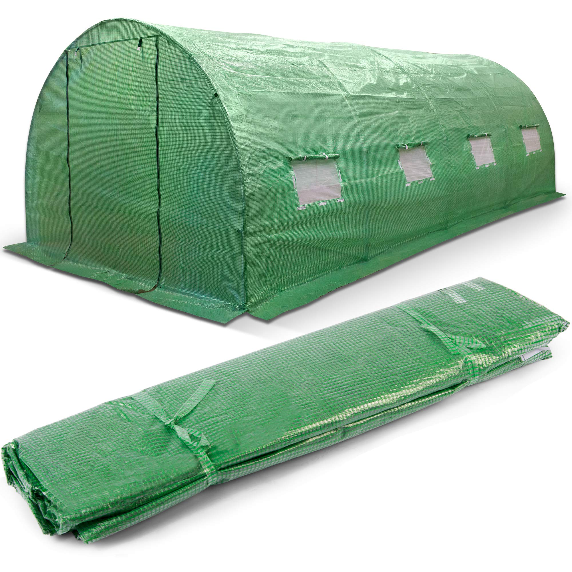 Ersatzfolie für Folientunnel Gewächshaus - 3 x 4,5 m - 13,5 m2 - UV4 Schutz - Treibhausfolie mit Fenstern und Moskitonetz - Robuste Gartenfolie - Folie ohne Gestell - Grün