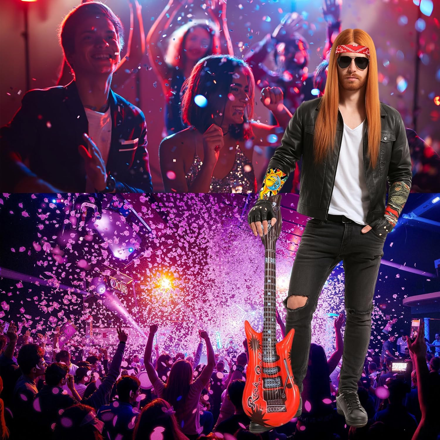 YMO 8 Pcs 80s Rocker Costume for Men Hippie Wig with Bandana Guitar Party Punk Accessories Halloween Costumes for Men - Image 6