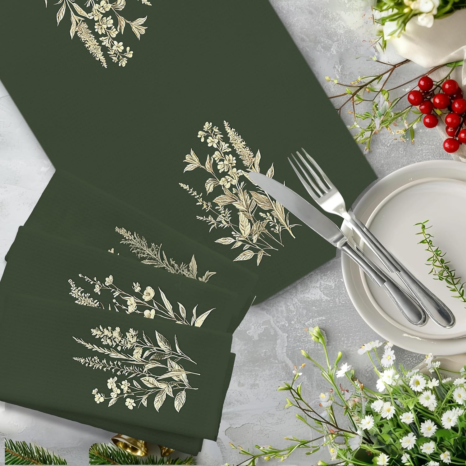 Dark Green Floral Botanical Kitchen Towels Set of 4, Spring Floral Hand Towels for Bathroom, Vintage Rustic Cottagecore Decorative Dish Tea Towel, 16x24 Inch