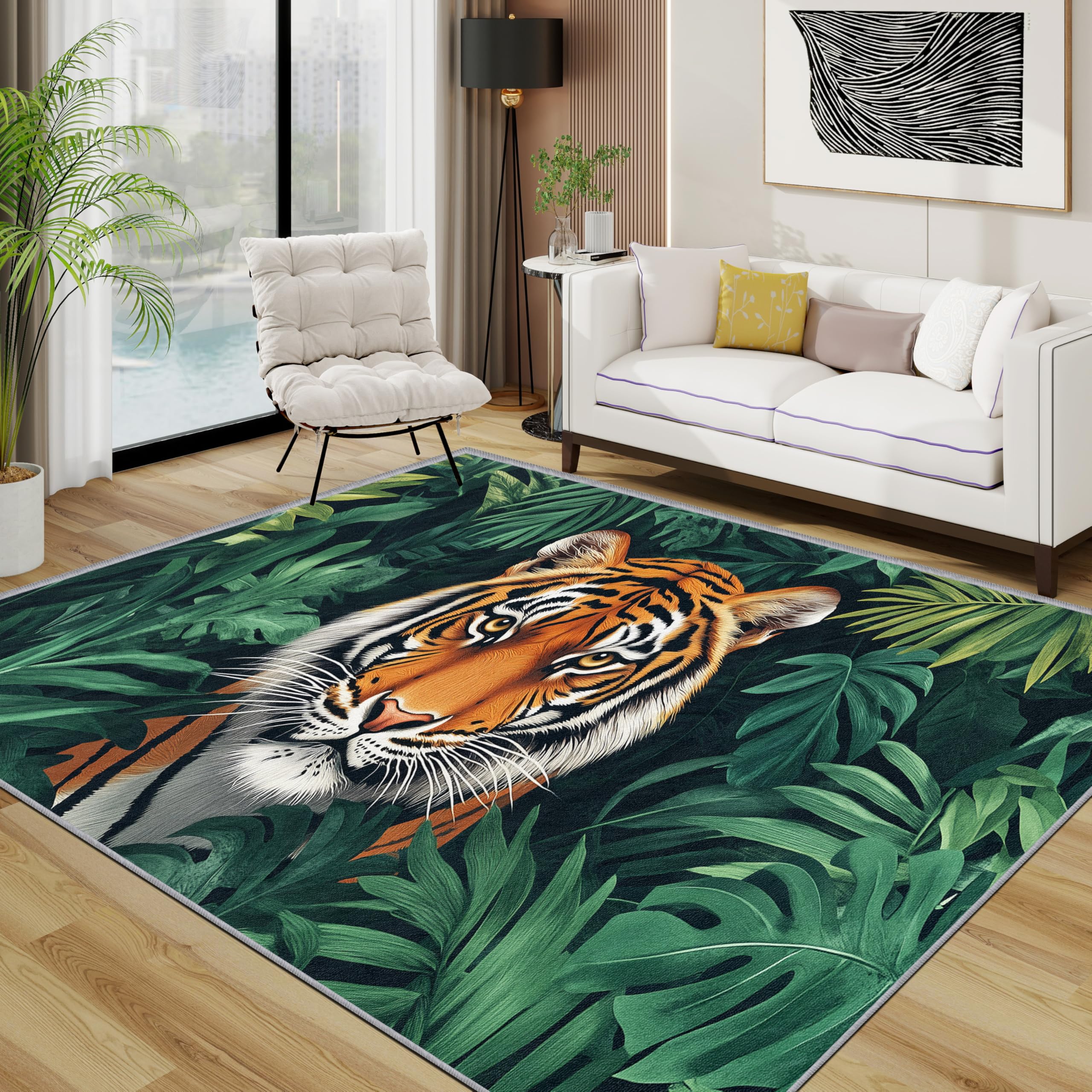 Tiger Rugs Living Room Large 200x300 - Jungle Wild Animal Safari Bedroom Rug, Tropical Plant Wildlife Washable Non Slip Low Pile Carpet, Tiger Home Decor