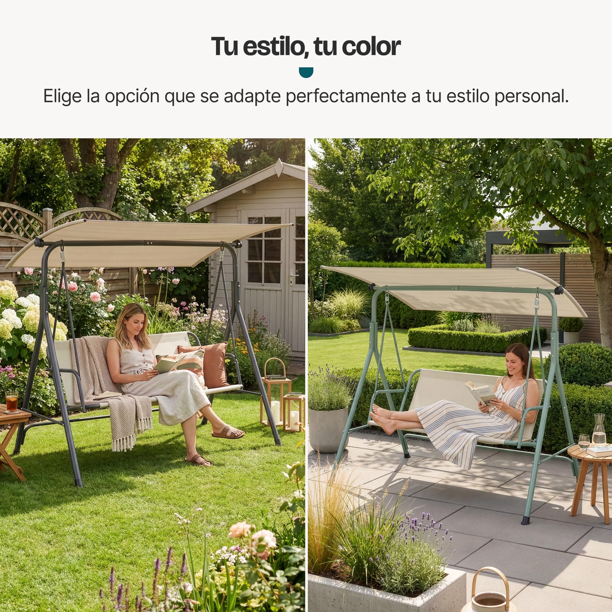 [en.casa] Balancín de Jardín Satten para 3 Personas Columpio para Exterior de 3 Plazas con Toldo Terraza Balcón Patio Resistente al UV y Agua 173 x 119 x 153 cm Acero - Verde Claro/Beige