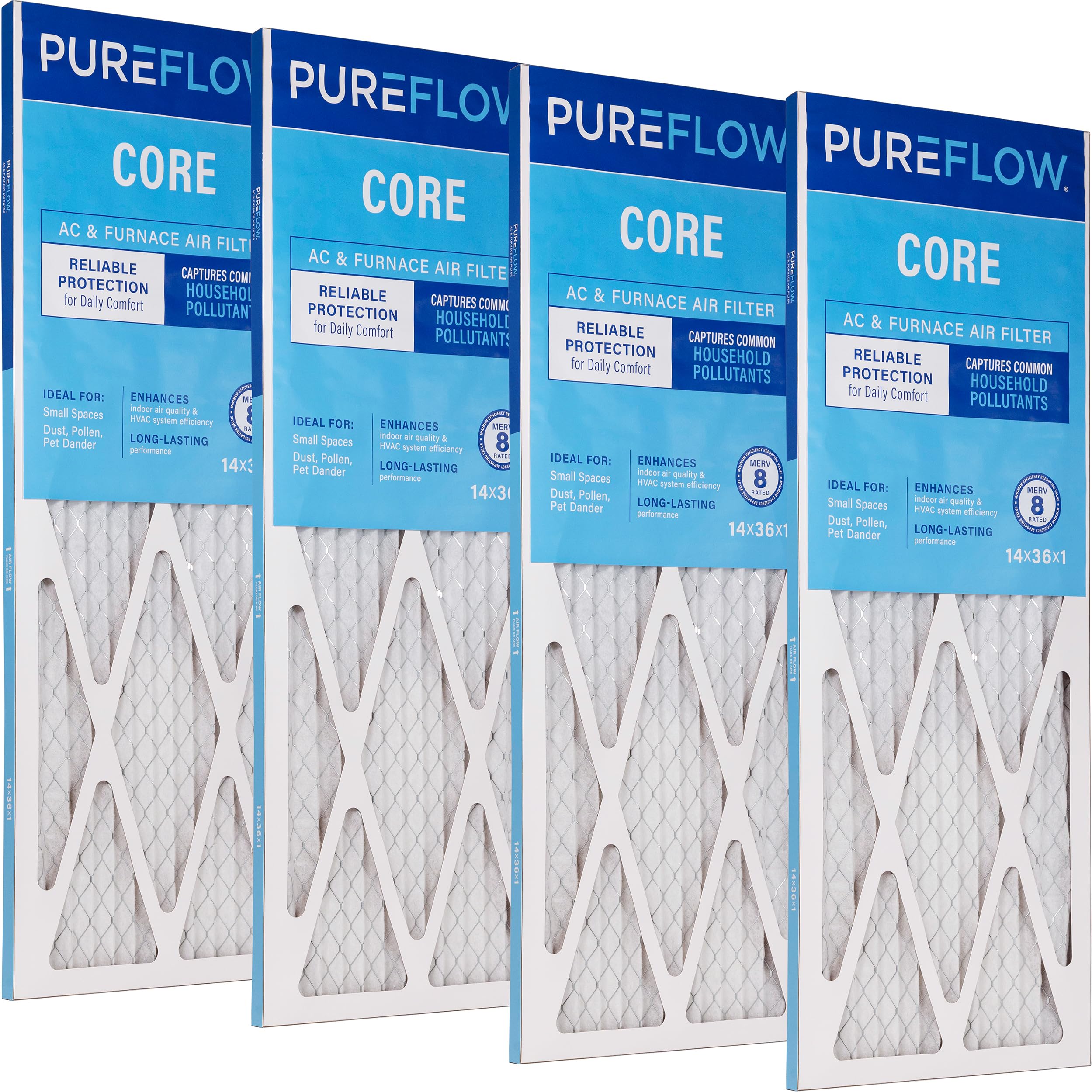 PUREFLOW Home Air Filter MERV 8, 14x36x1 Furnace Filter, 4 Layer High Efficiency Filtration for Dust, Smoke, Fumes, Pollutants (4-Pack)