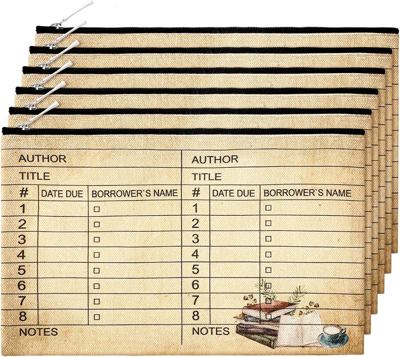 Yinder Pacote com 6 necessaires de lona com zíper e estampa de biblioteca, 23 x 15 cm