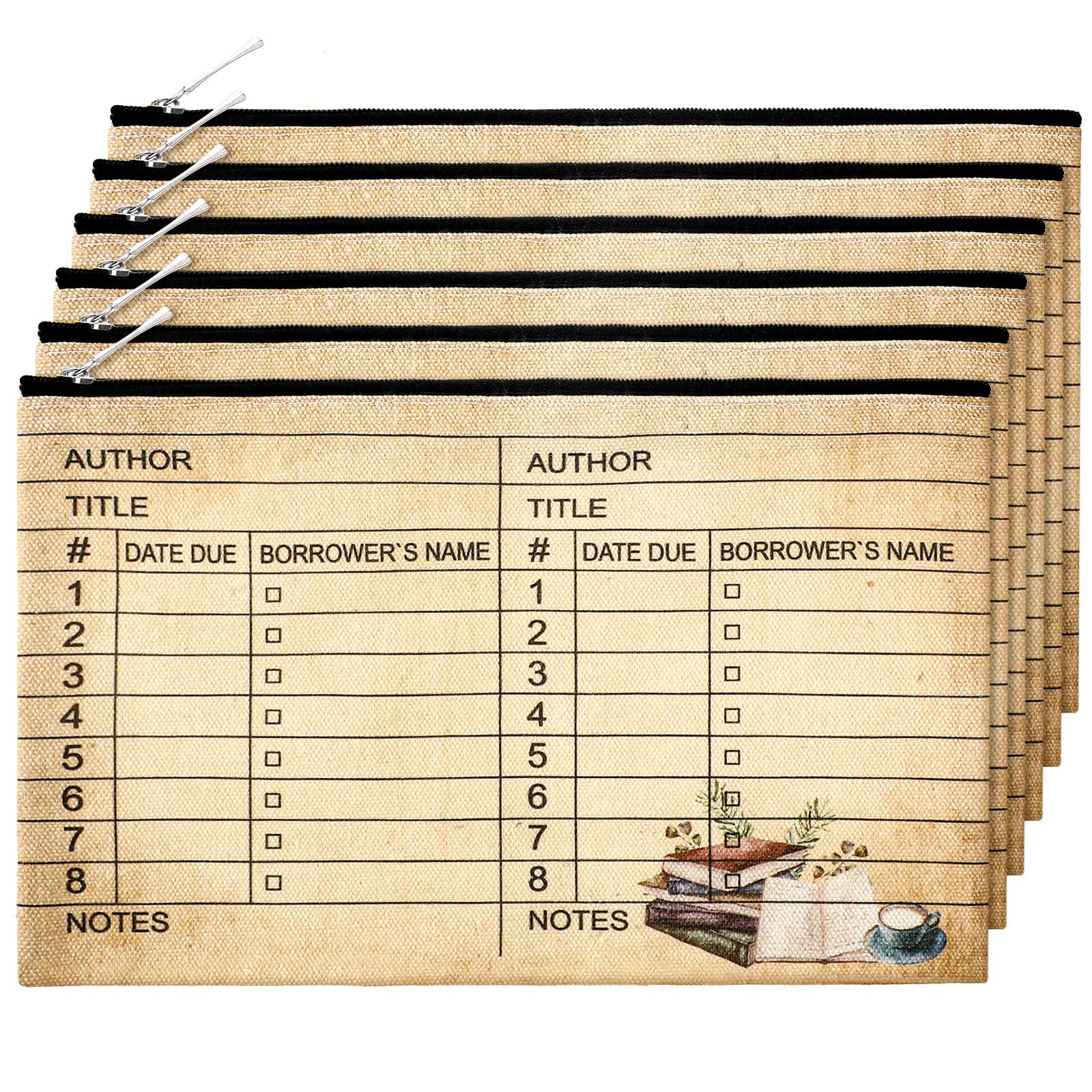 Yinder 6 Pcs Library Book Club Gift Bookish Pouch Book Lover Gifts Bookish Zipper Canvas Bag for Women Library Due Date Card Makeup Bag Graduation