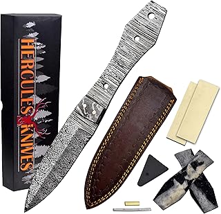 Custom Hand Forged Damascus Steel Blank Blade Knife Making Kit DIY Hunting Knife Leather sheath, Pin, Scale, Damascus Blade Billet Knife Making Supply (BK-A) - Hercules Knives