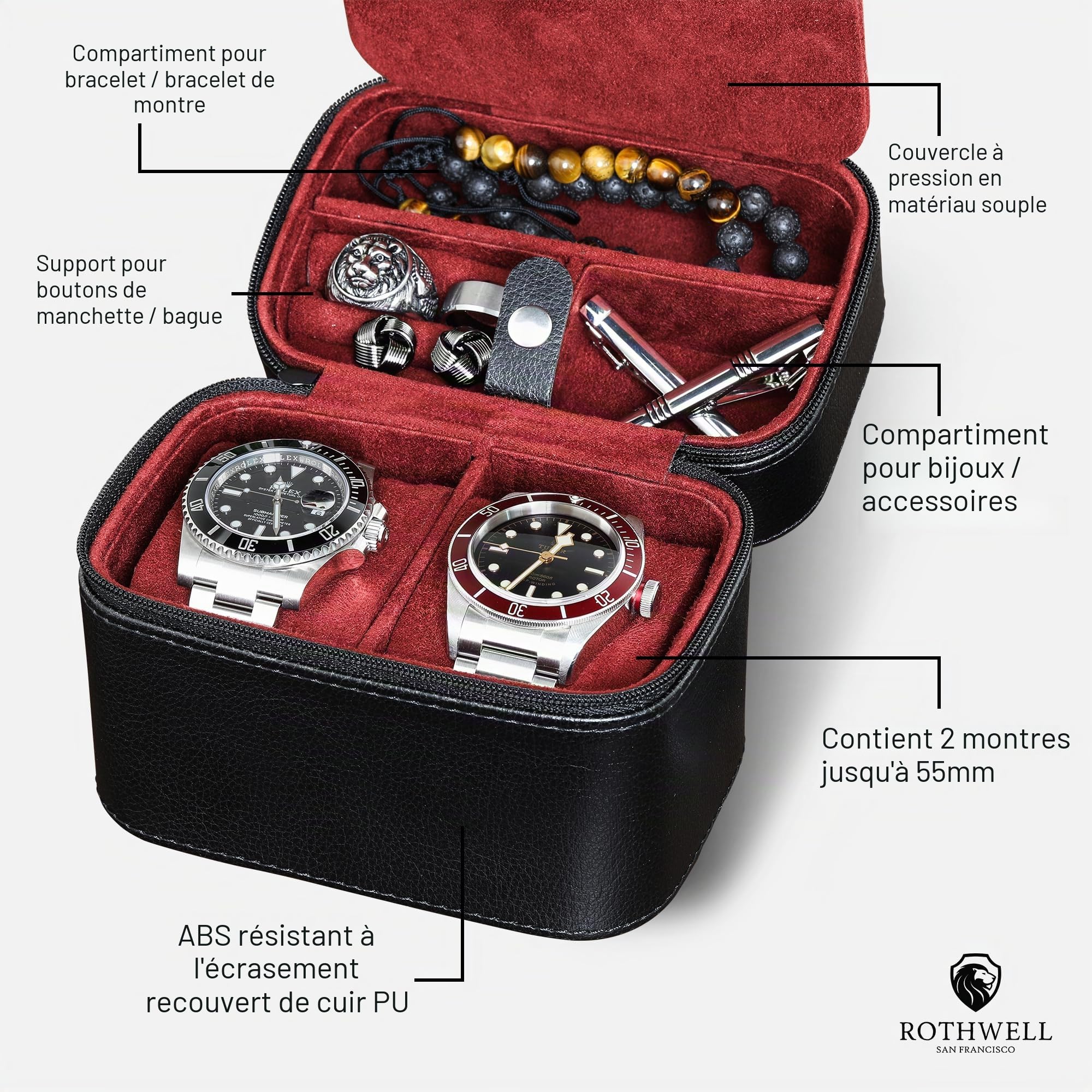 Organisateur de rangement pour étui de voyage pour 2 montres, ecrins pour montres | protection portable robuste avec fermeture à glissière s'adapte à toutes les montres-bracelets (noir/rouge)