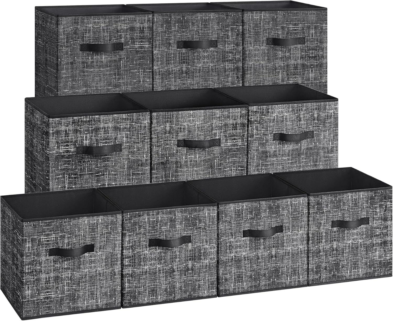 A stack of ten ink black SONGMICS storage cubes with handles.