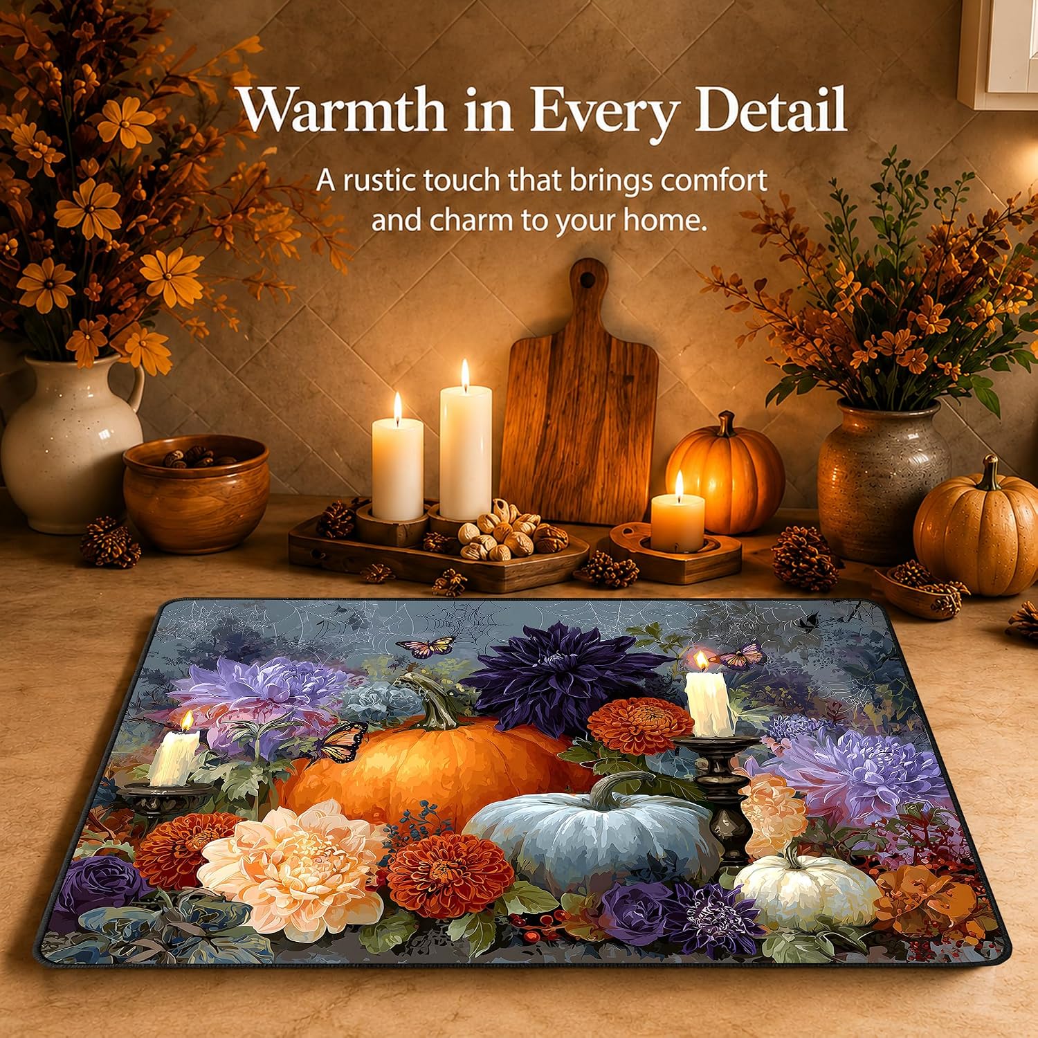 Vintage Fall Pumpkin Dahlia Candle Butterfly Stove Top Cover 28.3x20.5in Heat Resistant Glass Stove Protector Mat, Non Slip Electric Stove Cover Autumn Farmhouse Kitchen Counter Decor