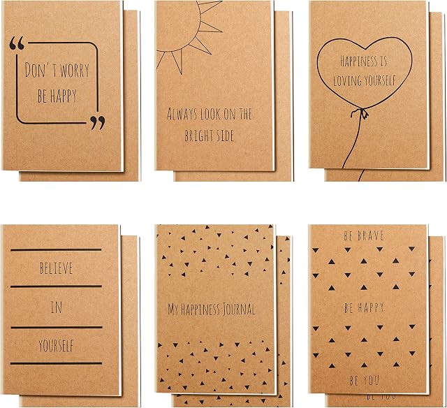 Belle Vous Small Pocket A6 Lined Brown Cover Kraft Notebook/Journals (12 Pack) - 10.5 x 14.8cm (4.13 x 5.82 Inches) - 6 English Designs - 80 Paper Pages - Happy Themed Note Books for Travel & Office