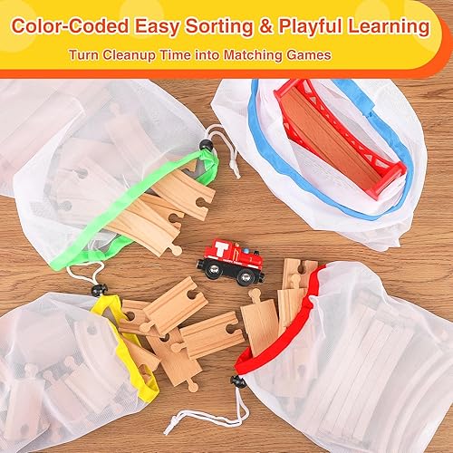 Miniatura 5 de Juego de 60 pistas de tren de madera, accesorios de expansión para niños pequeños de 3 a 5 años, 100% compatible con todas las principales marcas,