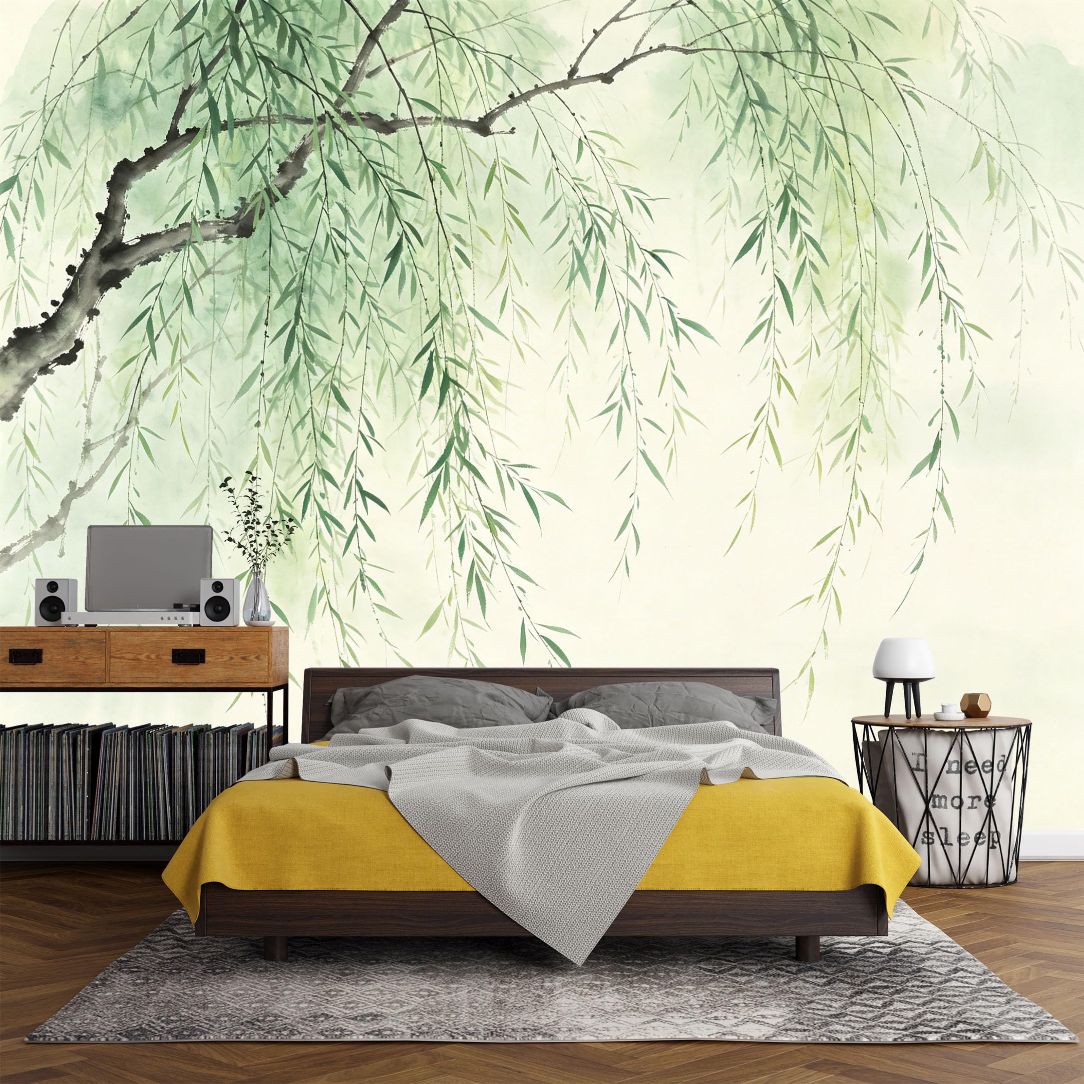 Custom Size Wall Mural， Watercolor Willow Branch Botanical Landscape Zen Nature Art， SelfAdhesive Art Prints wall Fabric (No PVC) Removable Wallpaper Living Room Decor