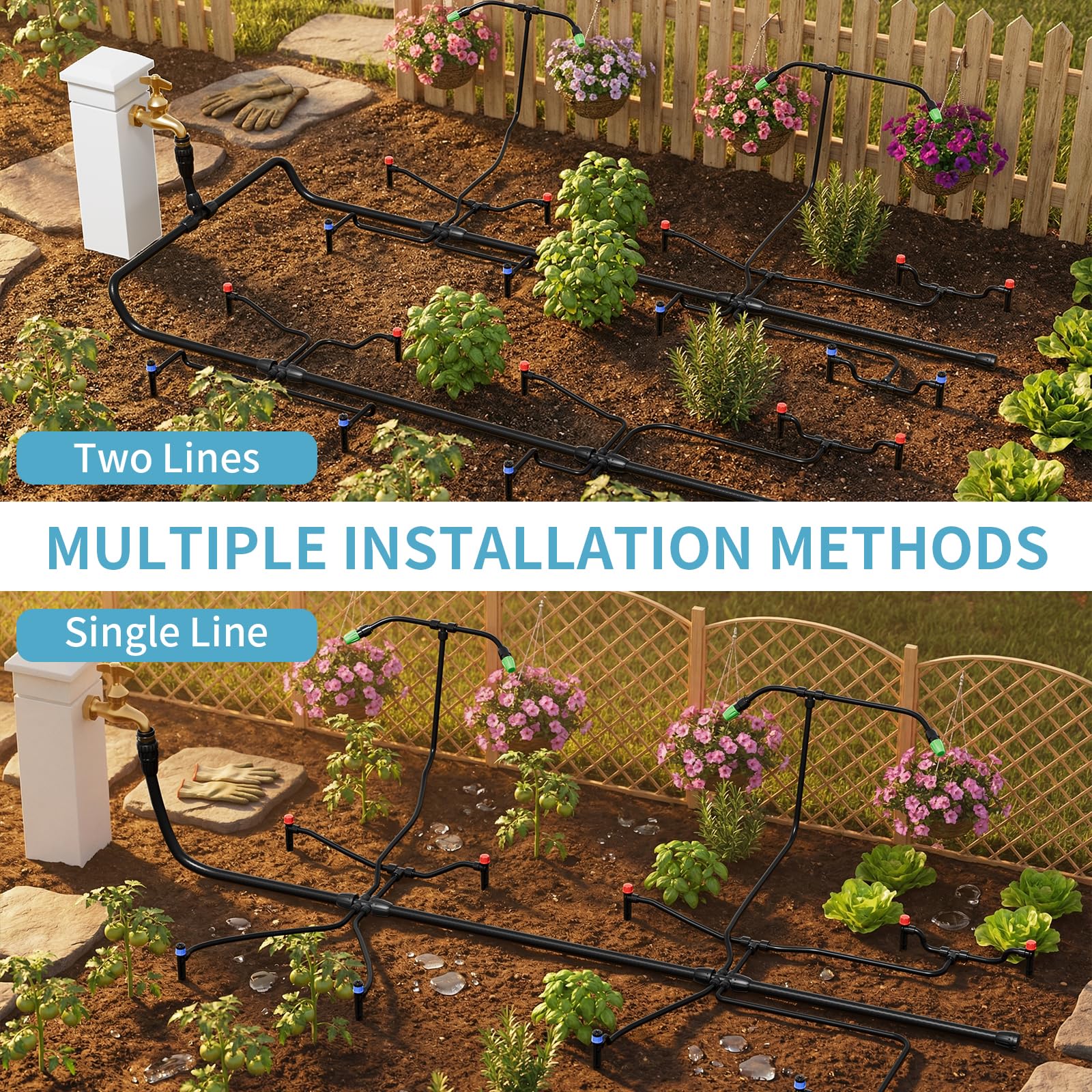 LP Tropfbewässerungssystem, 60 m automatisches Gartenbewässerungsnebelsystem mit 1,27 cm und 1/4 Zoll Verteilerrohr – verstellbare Düsen und Sprinkler für Garten, Gewächshaus, Rasen, Topfpflanzen