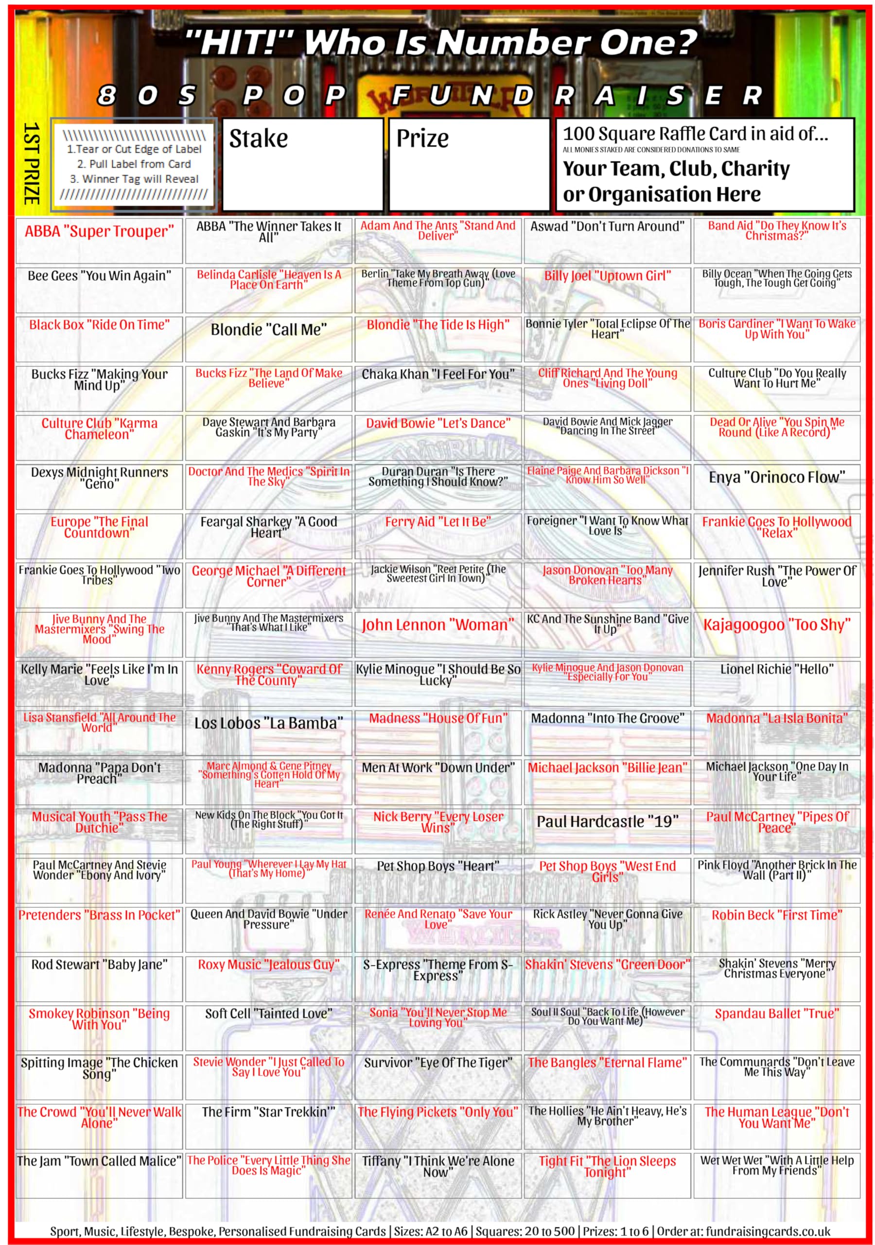 Music Fundraising Scratch Card/Raffle/Draw Ticket 'Jukebox Hits of The 80s' From 92p each A4 100 Square (6)