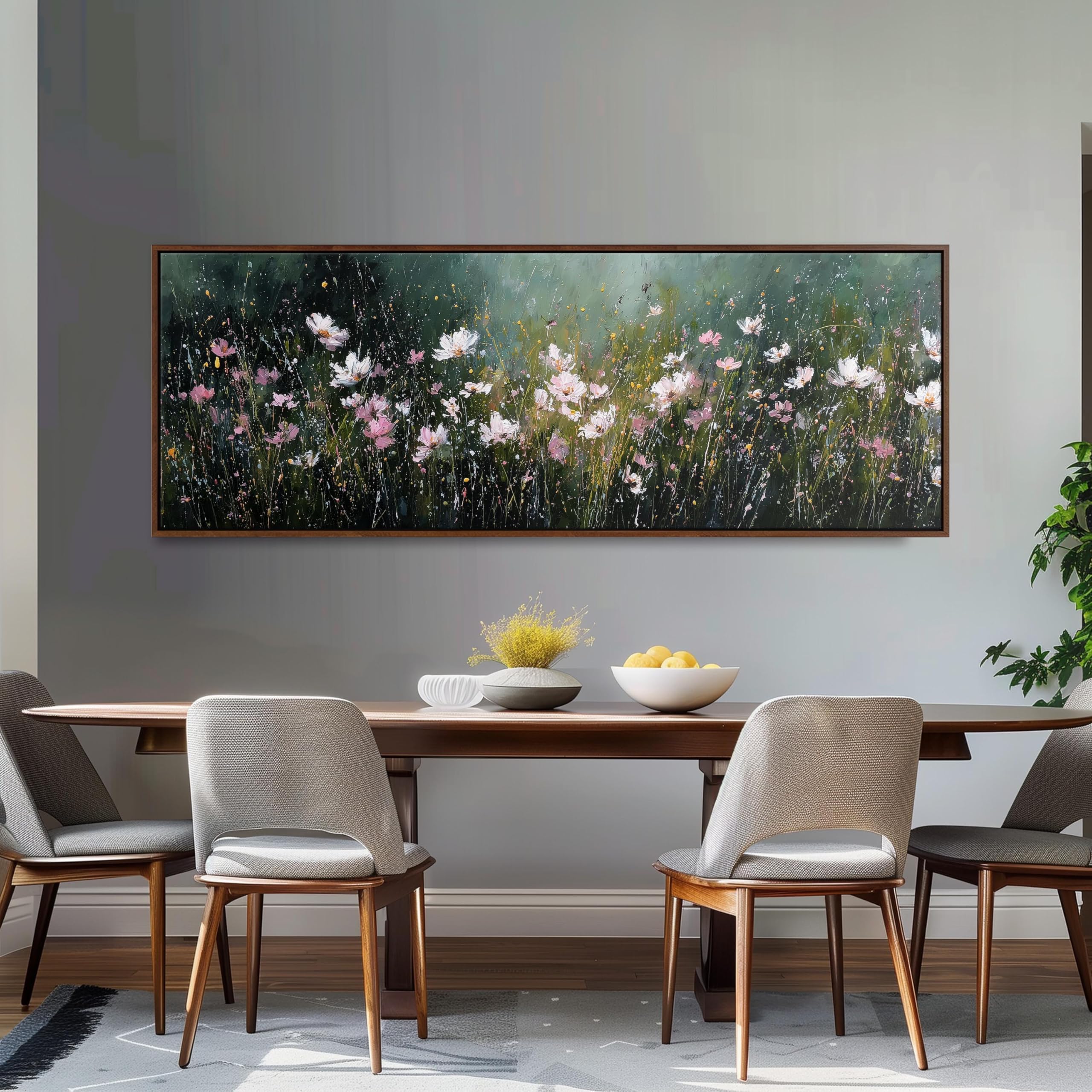 XINBAO Obraz łąki dzikich kwiatów, długa panoramiczna sztuka na płótnie, ciemny kwiatowy nadruk krajobrazu, szeroka pozioma nad sofą, sztuka ścienna (70 x 210 cm)