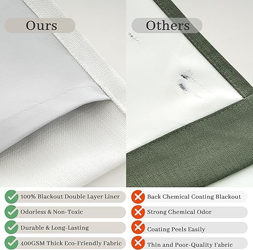 Miniatura 6 de Juego de 2 paneles de cortinas 100% opacas de lino natural grueso, plisado, con aislamiento, para dormitorio puerta corrediza de vidrio y oscurecer,
