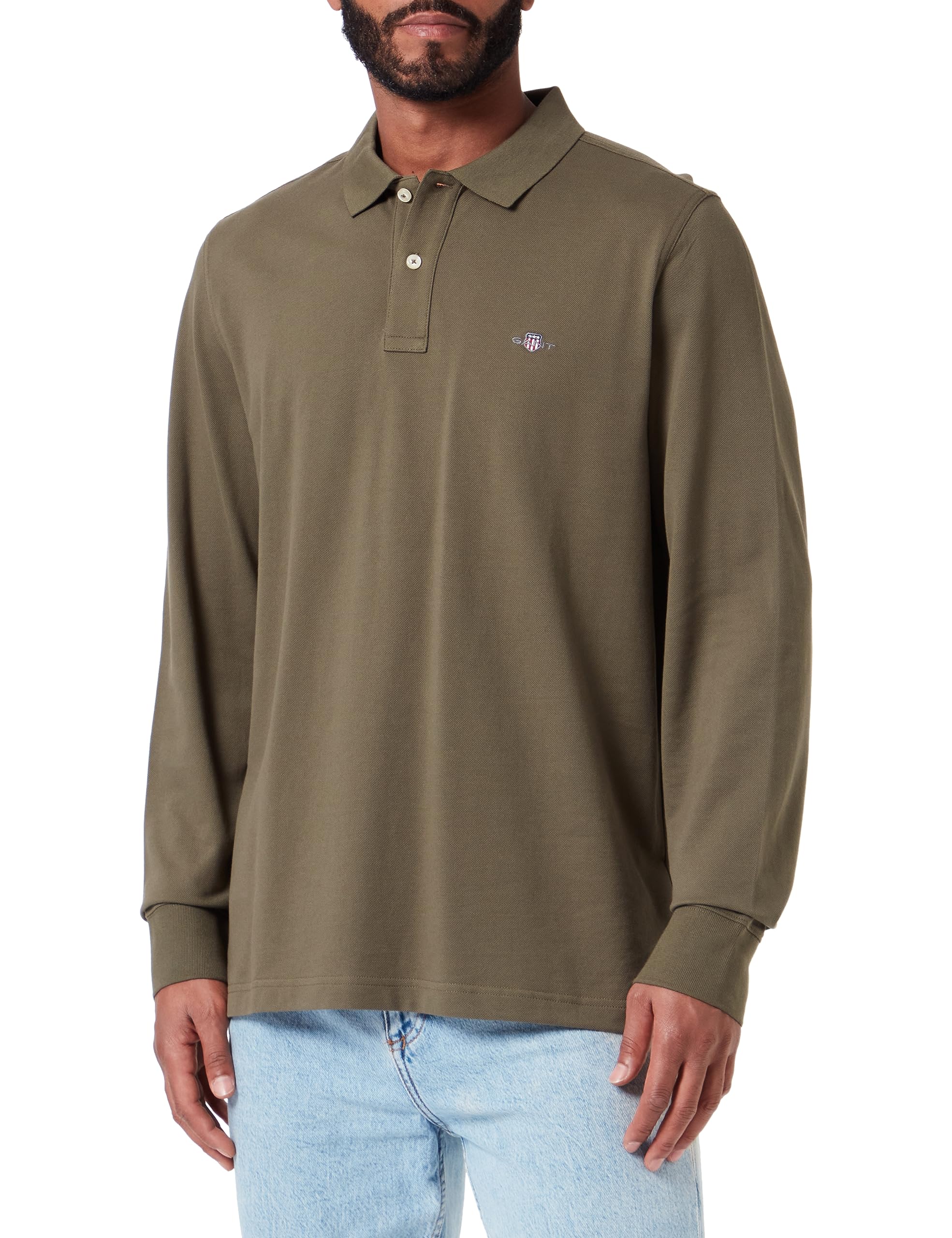 GANT Men's Reg Shield LS Pique Rugger Polo Shirt, Racing Green, M