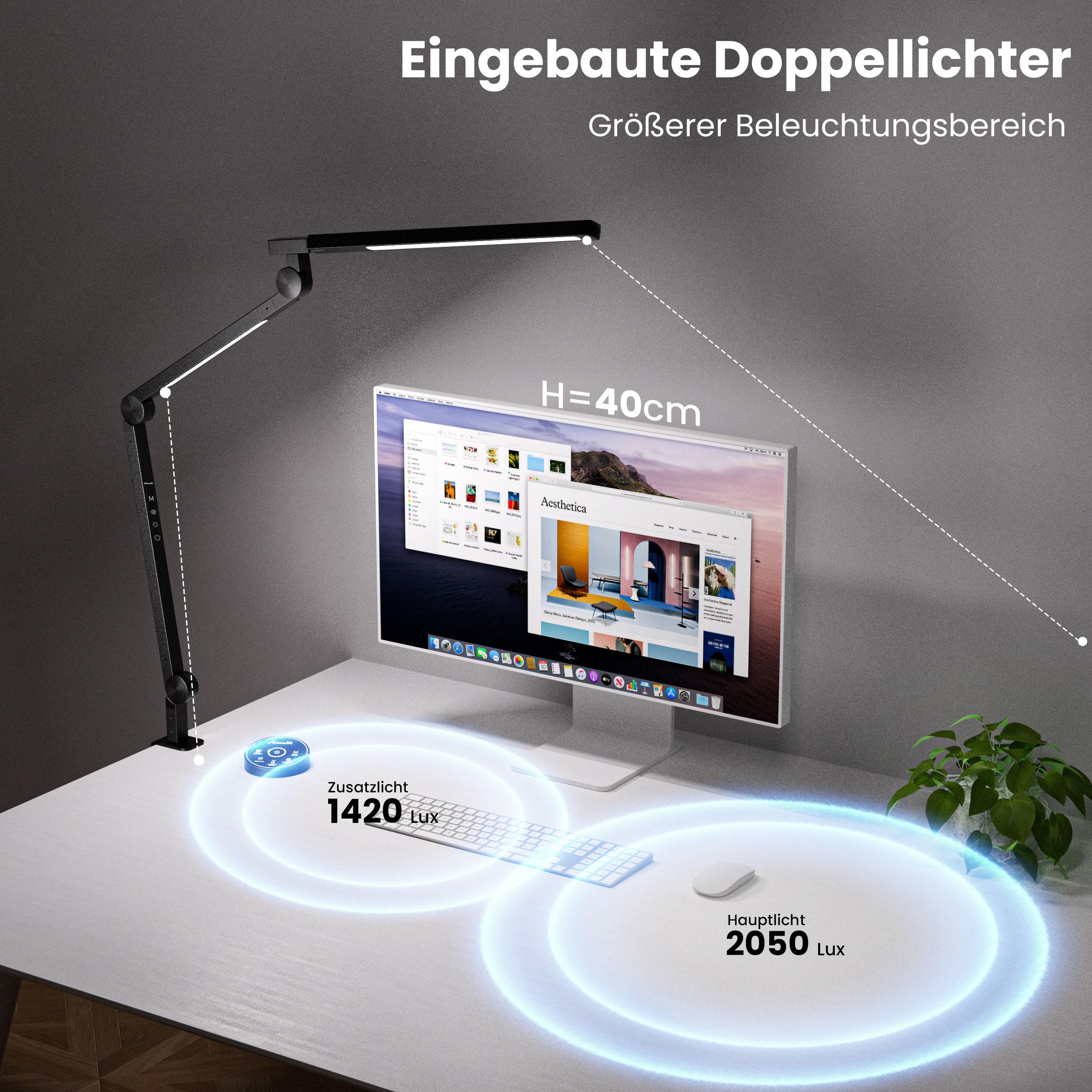 AmazLit Schreibtischlampe, Schreibtischlampe LED Dimmbar 12W, Doppelte Lichtquelle Schwenkarm Architektenlampe, Einstellbare Farbtemperatur Tischlampe Klemme,Bürolampe mit Fernbedienung