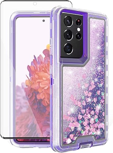 Asuwish Funda de teléfono para Samsung Galaxy S21 Ultra 5G con protector de pantalla brillante líquido con purpurina transparente híbrida TPU