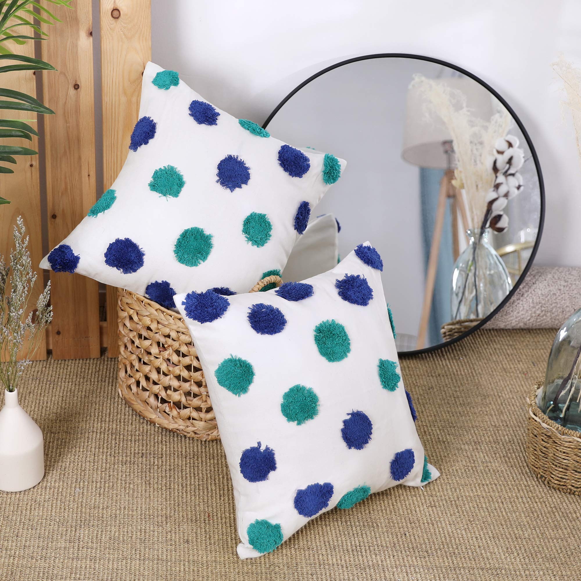 Deconovo Set of 2 Cotton Cushion Covers for Sofa Seats Livingroom Throw Pillowcases with Embriodered Big Dots Pattern with Invisible Zipper 18x18 Inch 45cm x 45cm Dark Blue and Turquoise