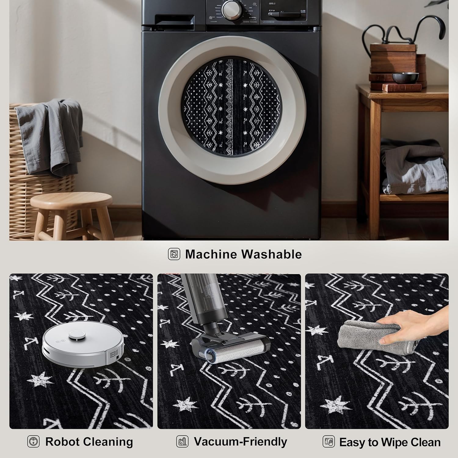 SERISSA 2x3 Rugs for Entryway, Washable Non-Slip Black and White Small Area Rug, Soft Low-Pile Boho Geometric Indoor Entry Rug Door Mat Indoor Entrance Front Door Carpet for Bathroom Kitchen Bedroom - Image 3