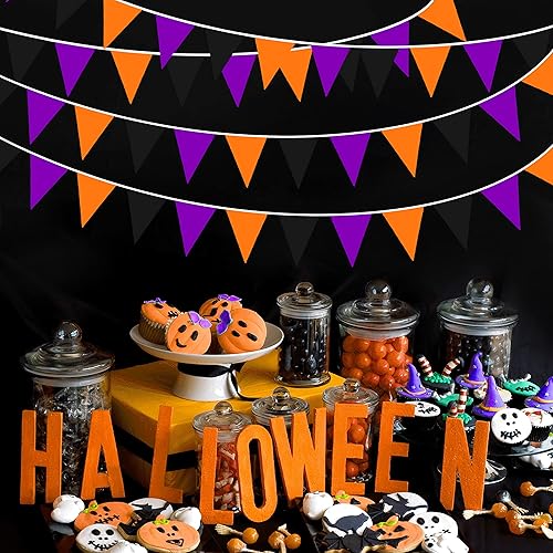 Miniatura 7 de Guirnalda de banderines de Halloween de 32 pies, color naranja, negro y morado, guirnalda de banderines triangulares para todas las santas, boda