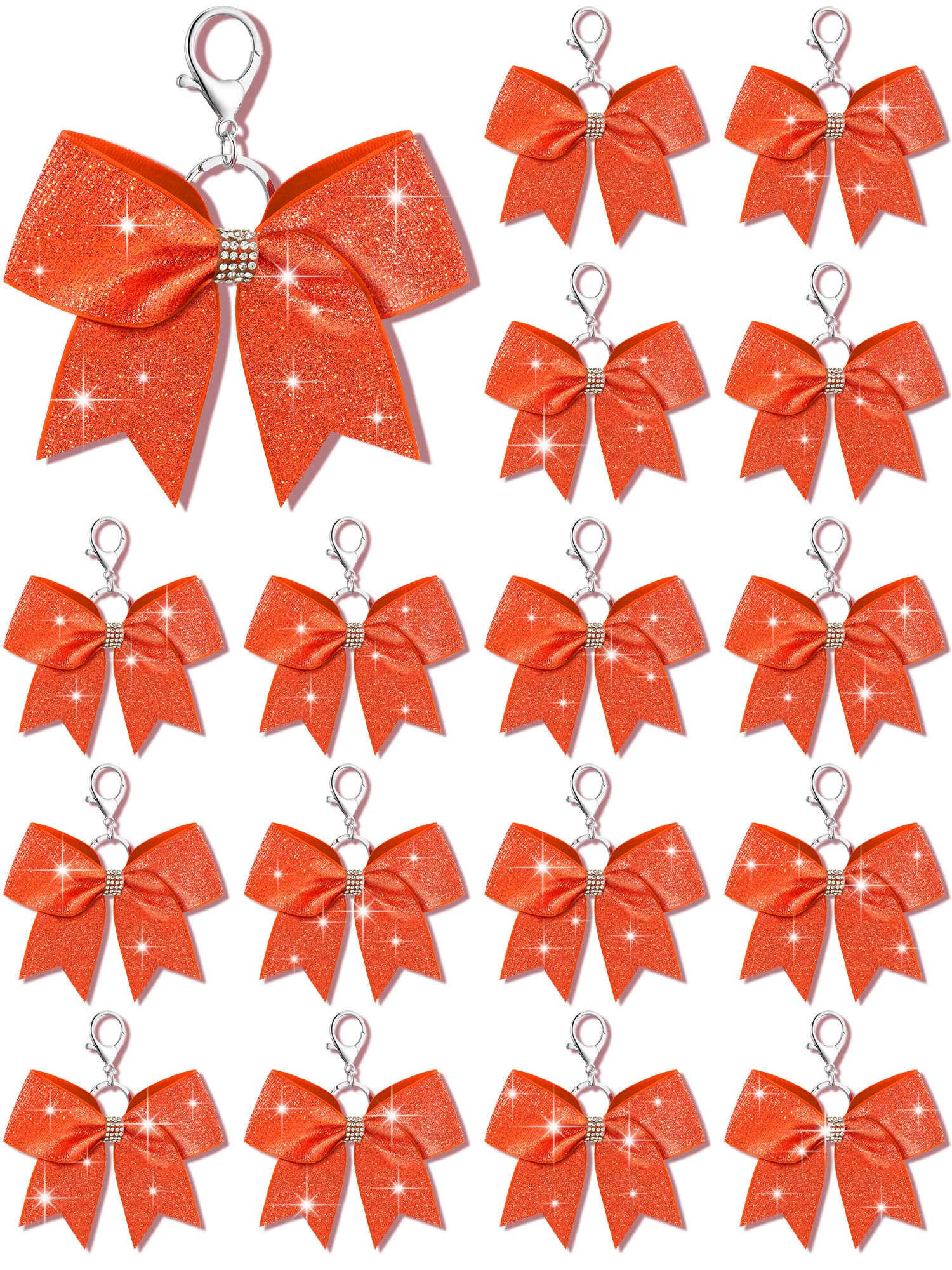 Tondiamo Cheer Bow Keychain Cheer Keychain with Rhinestones Cheerleader Keyrings for Teen Cheerleading Sports Accessory(Glitter Orange,16 Pcs)