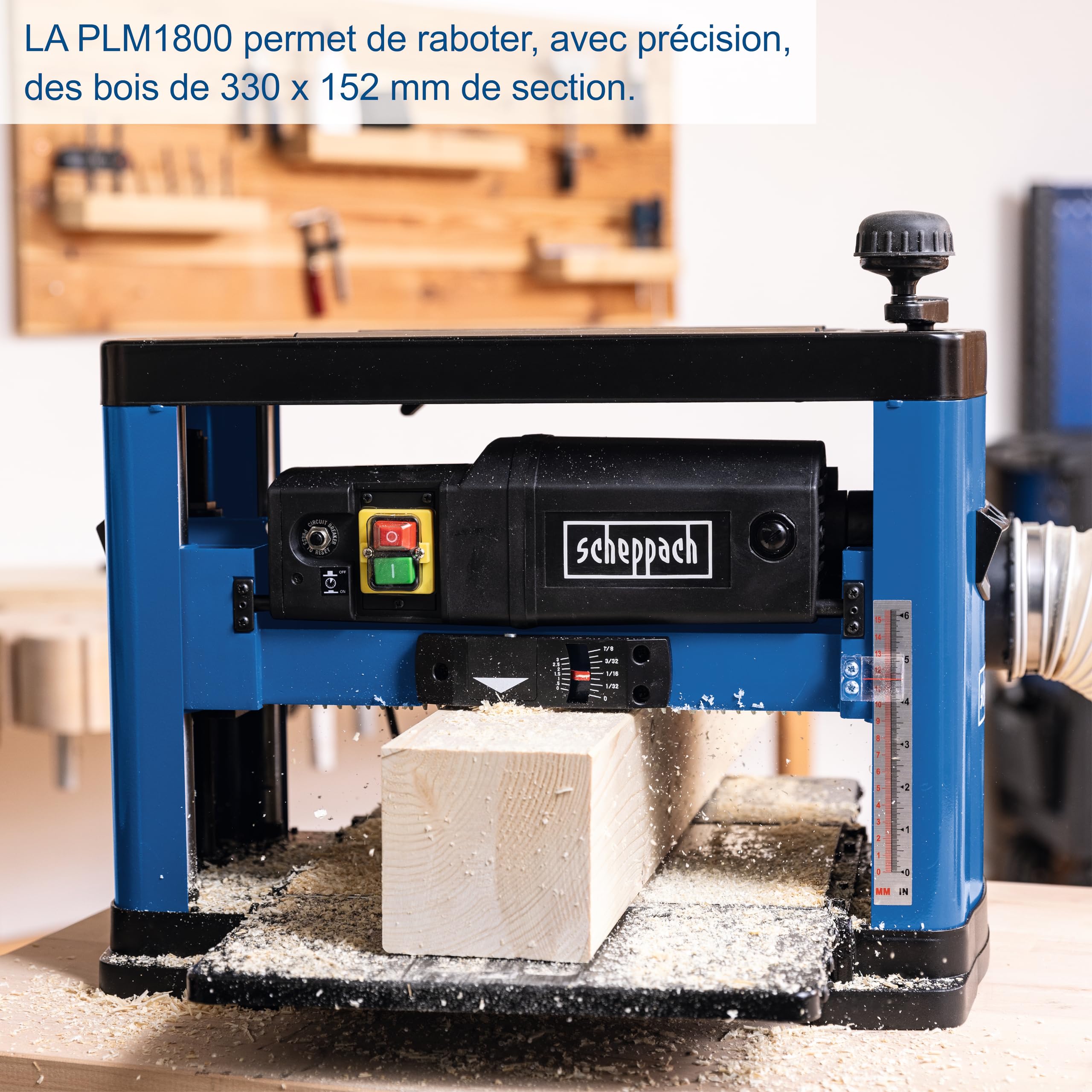 Scheppach Raboteuse PLM1800 | 1500W | Arbre de Rabotage Ø48mm | Vitesse de Rotation de l'arbre de Rabotage 8500 min-1 | Hauteur/largeur de passage : 152 mm / 330 mm | 2 fers en Acier Rapide