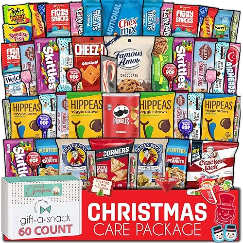 Gift A Snack - Christmas Candy Stocking Stuffers, Pre-filled Holiday Snack Box Care Package + Greeting Card (60 Count) Sweet Treats Gift Basket, Candies Chips Food Assortments & Variety Gifts