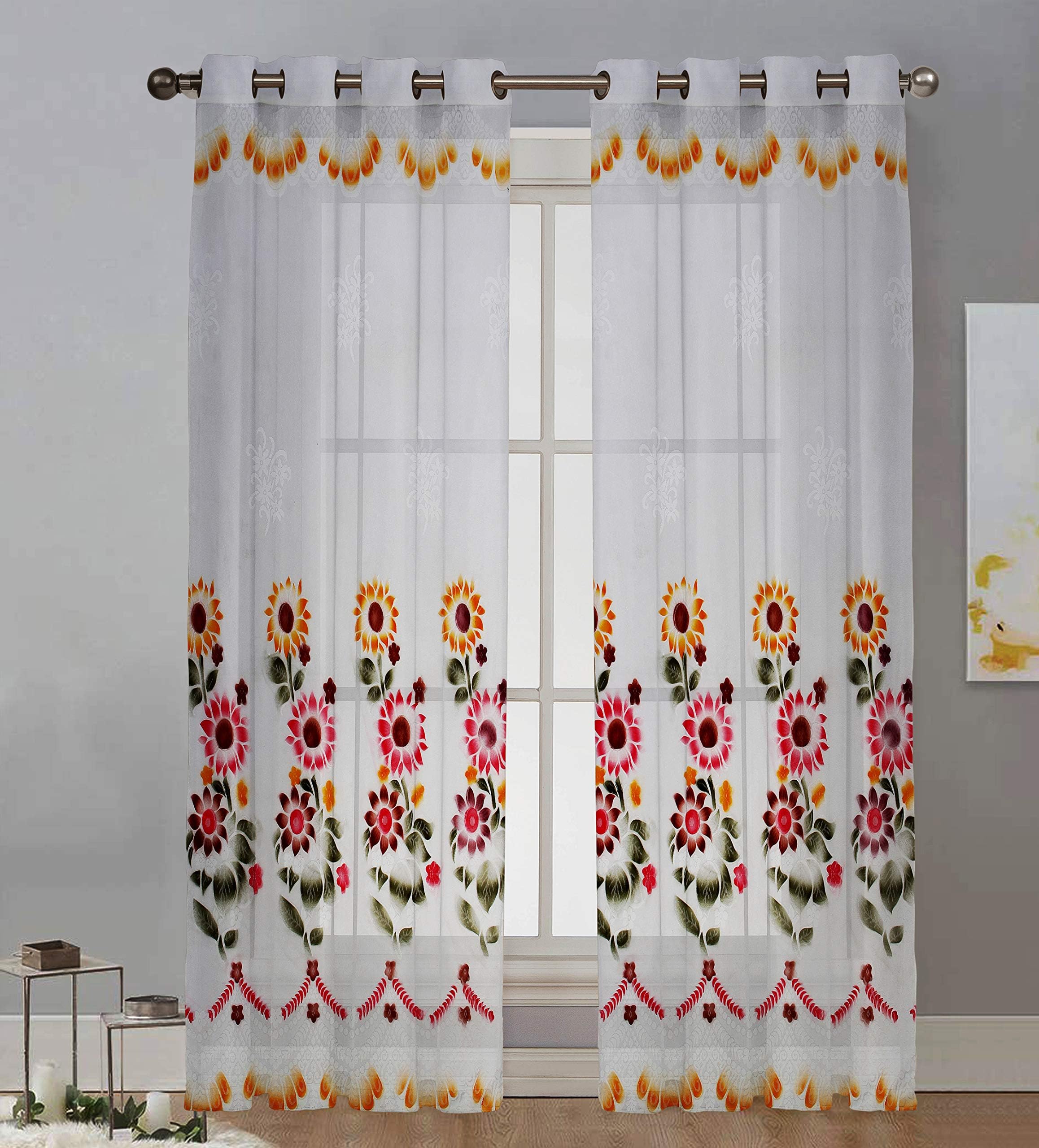 CoComelon by JUPON Polyester Floral Colourful Net Kids Room Curtain ( Window + Door - 48'' x 108" , Orange)