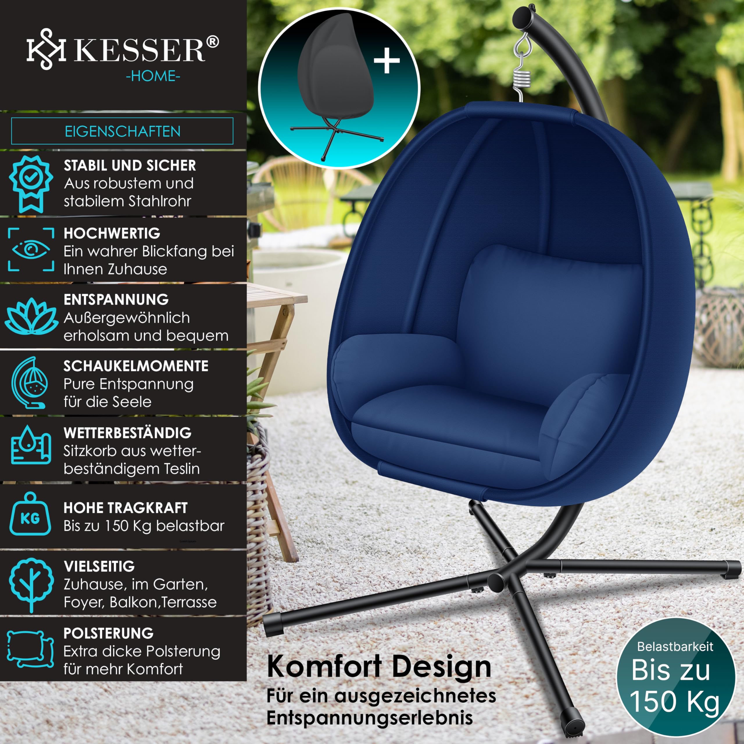 KESSER® Fauteuil Suspendu de Luxe avec Structure et Coussin d'assise Moelleux | Panier Suspendu intérieur et extérieur | Balançoire de Jardin | Panier Suspendu | Chaise Suspendue