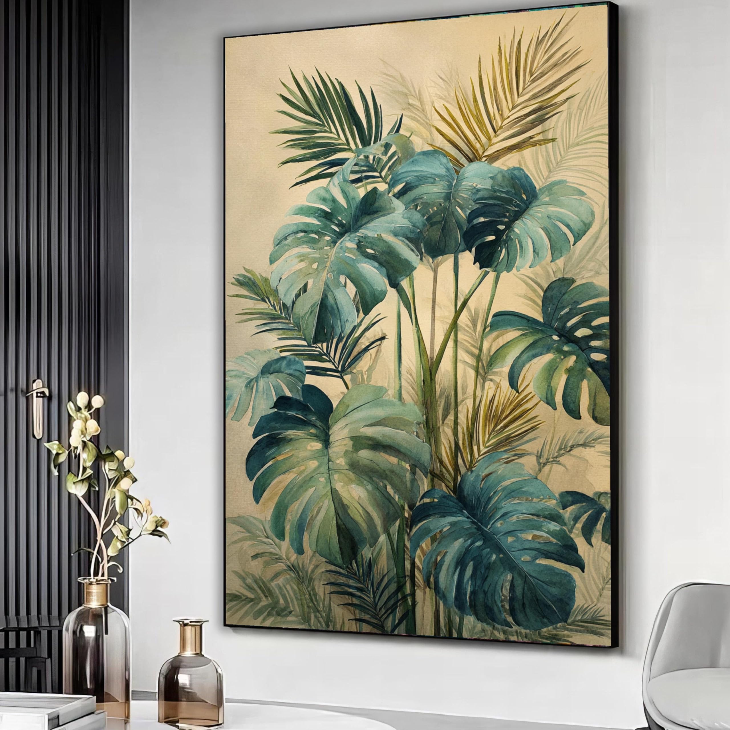 YUSUZHU Monstera Leaves Canvas, Botanical Wall Art, Green Palm Foliage Print, Inspired Home Decor, Ready to Hang Canvas Painting(50x70cm/Frameless)