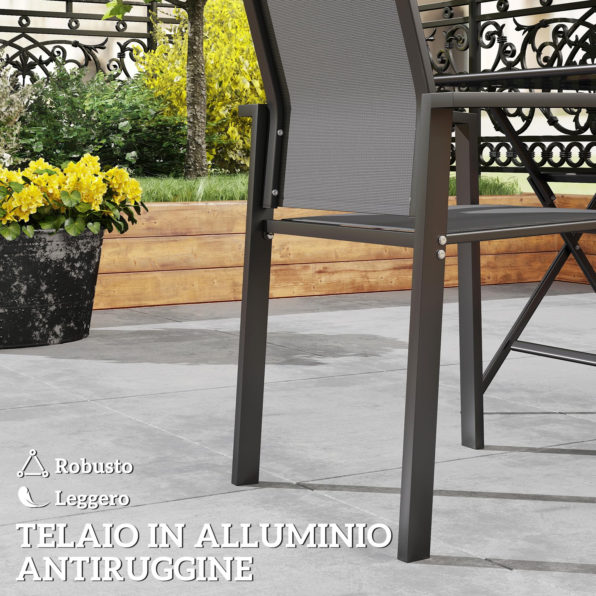 Outsunny Set 2 Sedie da Giardino Impilabili con Braccioli, Sedie per Pranzo da Esterno in Alluminio e Texteline Impermeabile, da Patio, Balcone, Terrazza, Esterno e Interno, 56x58x89cm, Grigio Carbone