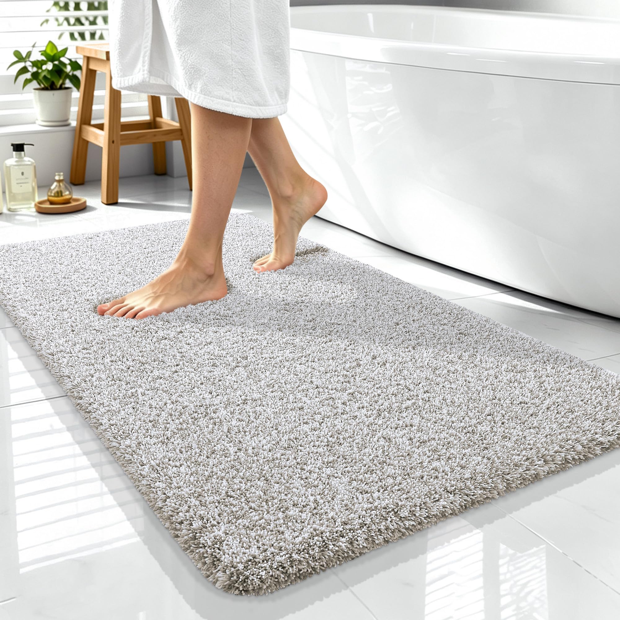 OLANLY Microfiber Bathroom Rugs 44x32, Quick Dry Bath Mat, Greige and White