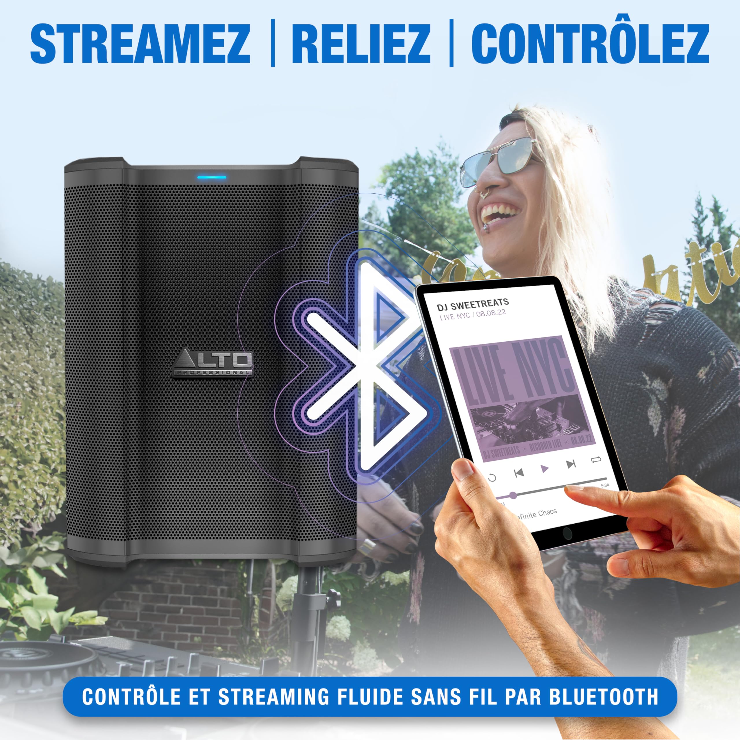 ALTO Busker Enceinte amplifiée Portable 200W avec Batterie Rechargeable, Bluetooth, mixeur 3 canaux, Alesis FX, contrôle appli, Chargement USB