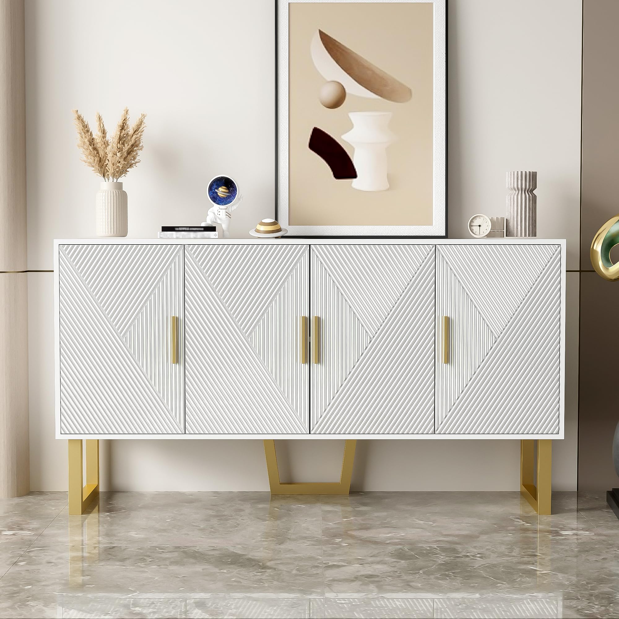 Aparador Blanco Con Diseño Geométrico Y Patas Doradas - 152x40x75 Cm, Con Cajón, Para Comedor O Salón