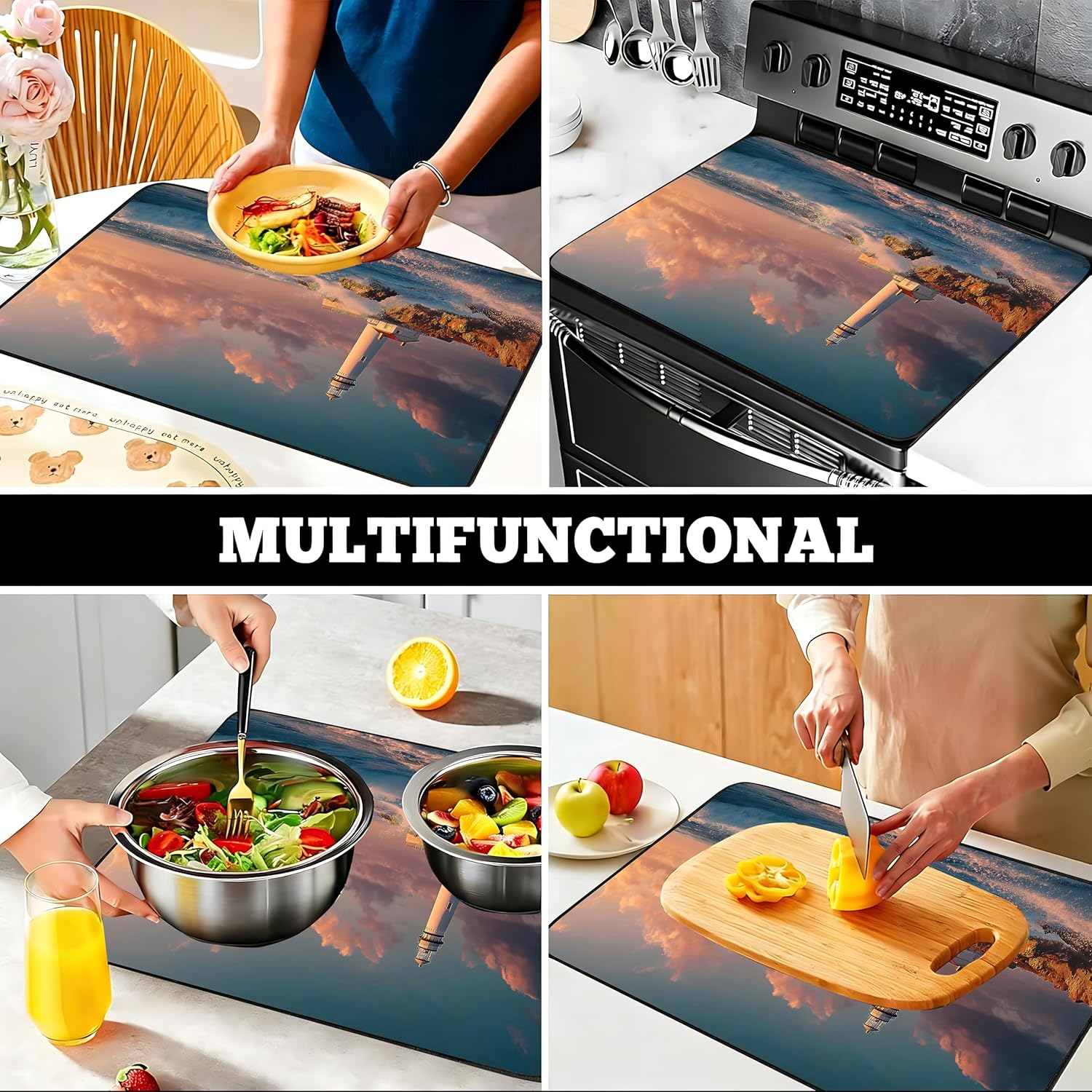 Retro-themed stovetop cover, heat-resistant glass stove cover - multifunctional design with non-slip/washing machine top protection pad (28.3 x 20.5 inches, approx. 72 x 52 cm) (Lighthouse)