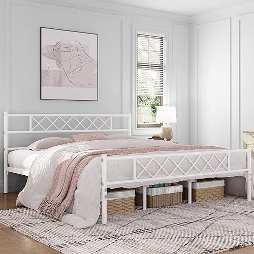 Miniatura 3 de Yaheetech Base de colchón de plataforma de metal tamaño King con cabecera y estribo, no necesita somier, almacenamiento debajo de la cama, listones