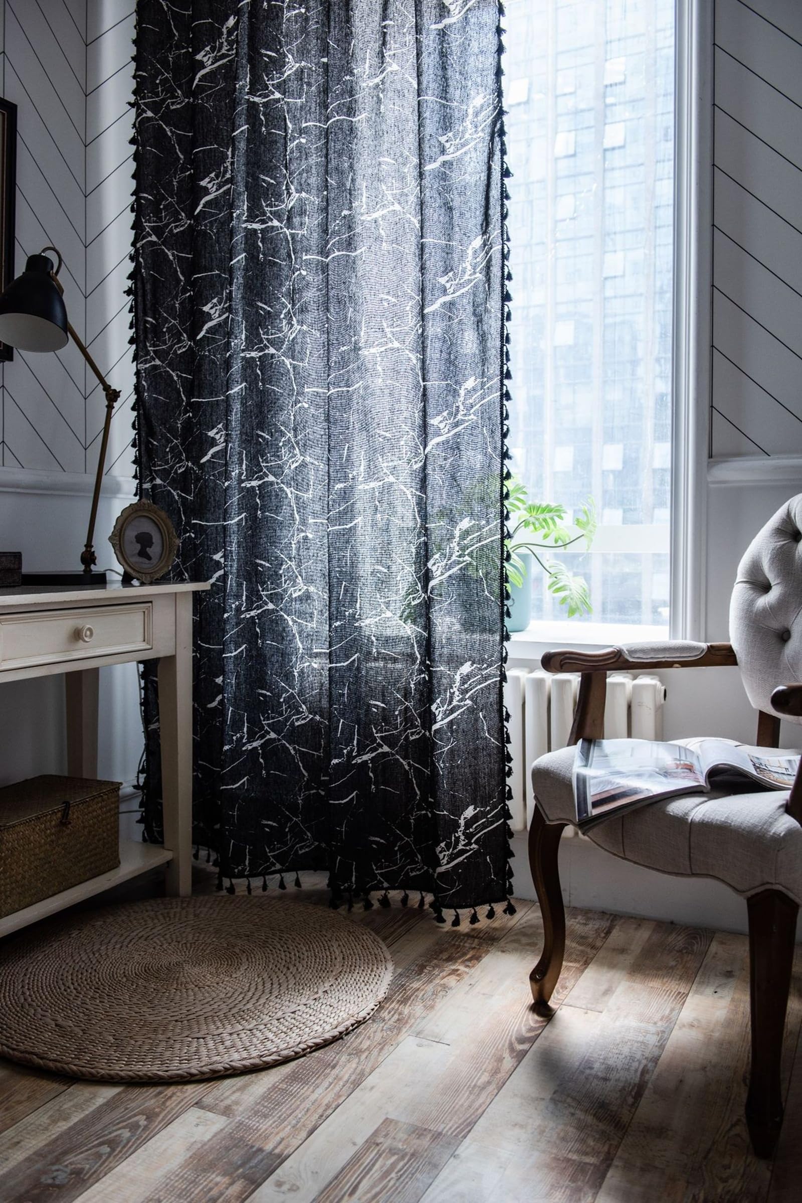 AMDXD Cortinas negras para habitación infantil con ojales, diseño de mármol, opacas con estampado de algodón y lino, 150 x 160 cm (ancho x alto)
