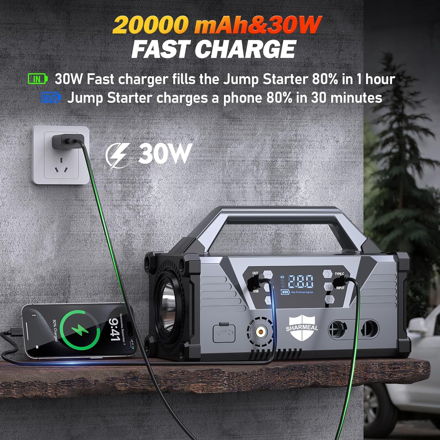 Sharmeal GL995 Jump Starter being charged and charging a phone