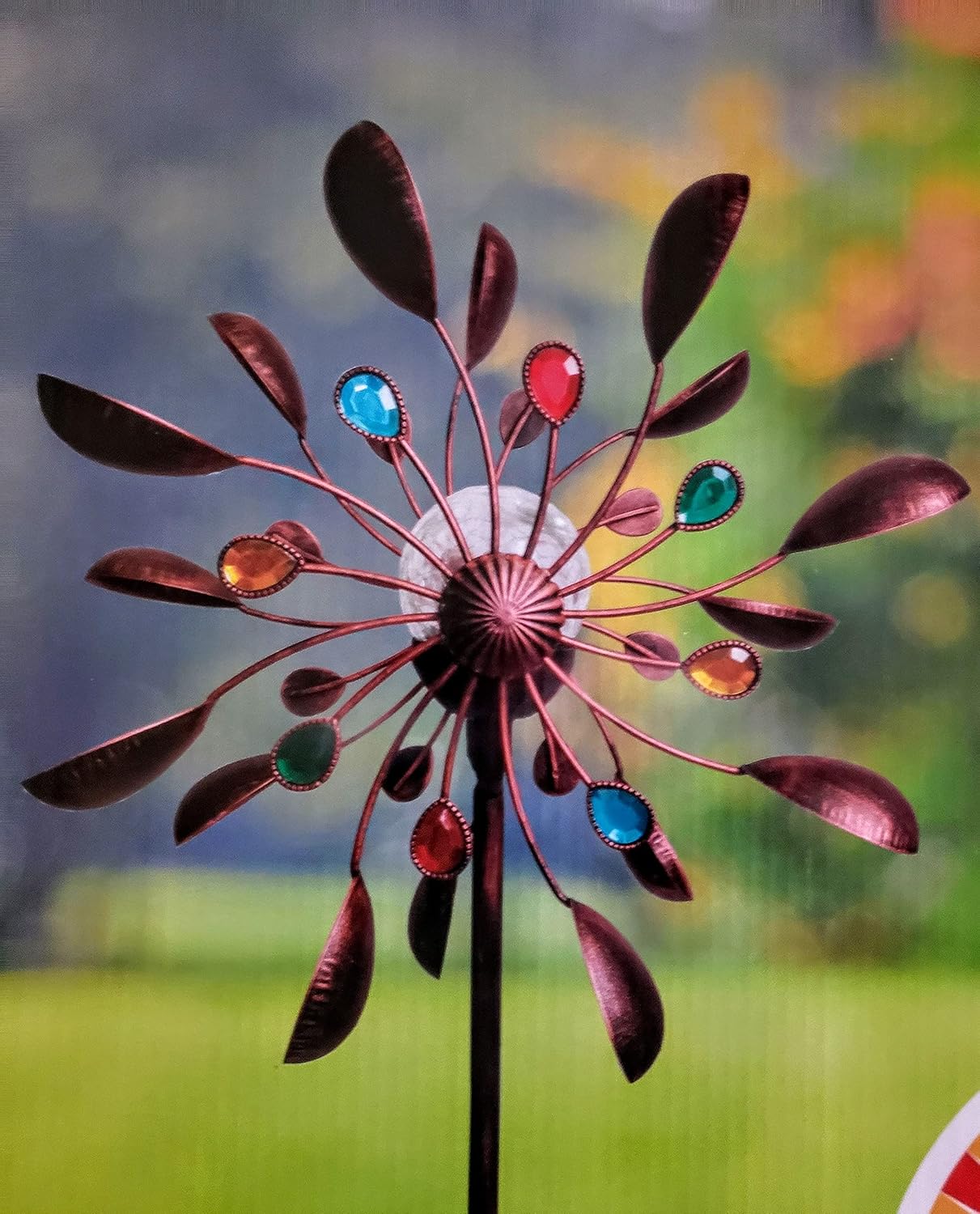 SunRays 60” Antique Bronze/Copper Gem Solar Wind Spinner Garden Stake - Changing Color - 14 Inch Spinner Diameter