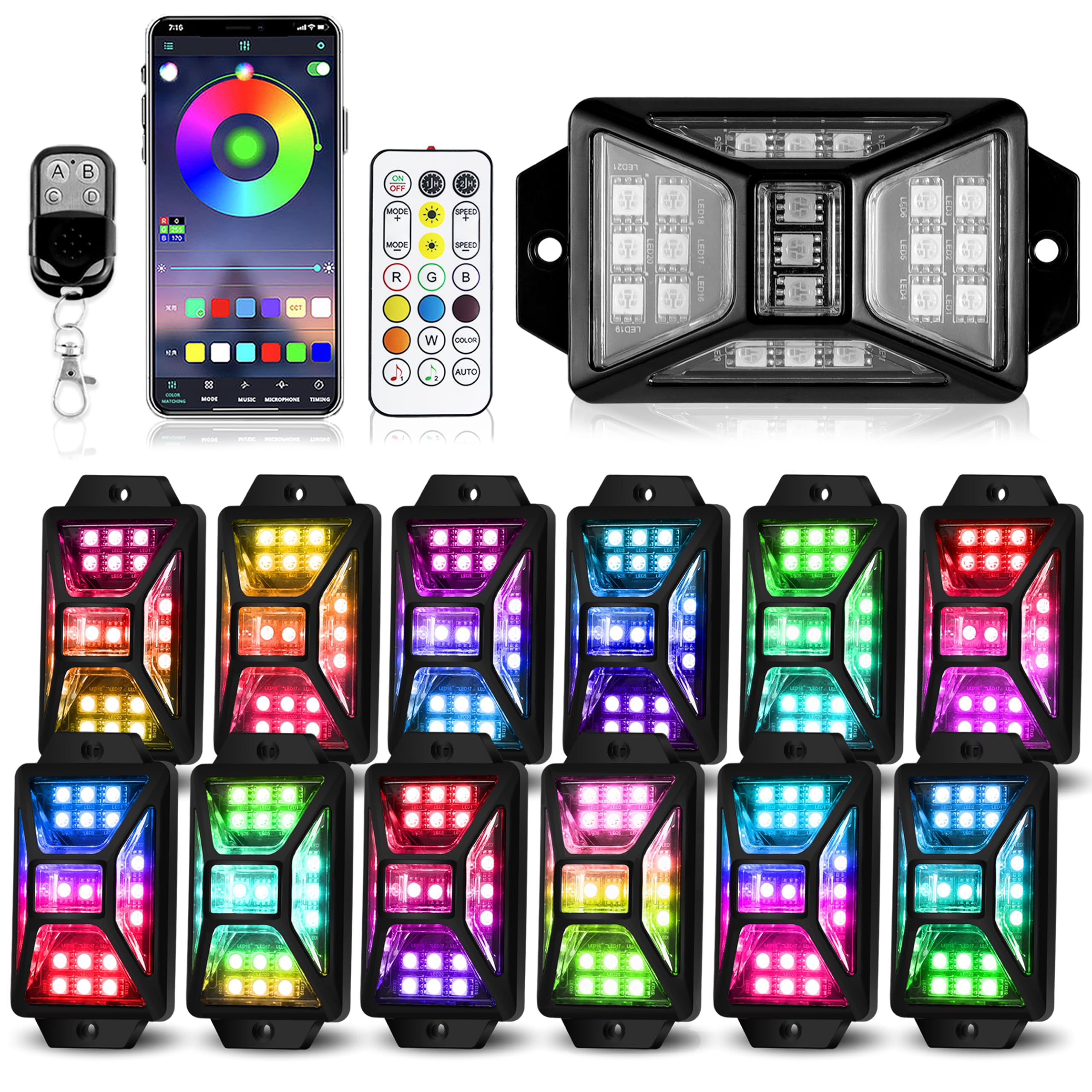 12 Pods 5 Sides Full Angle RGB Rock Lights for Trucks, App &amp; Remote Control
