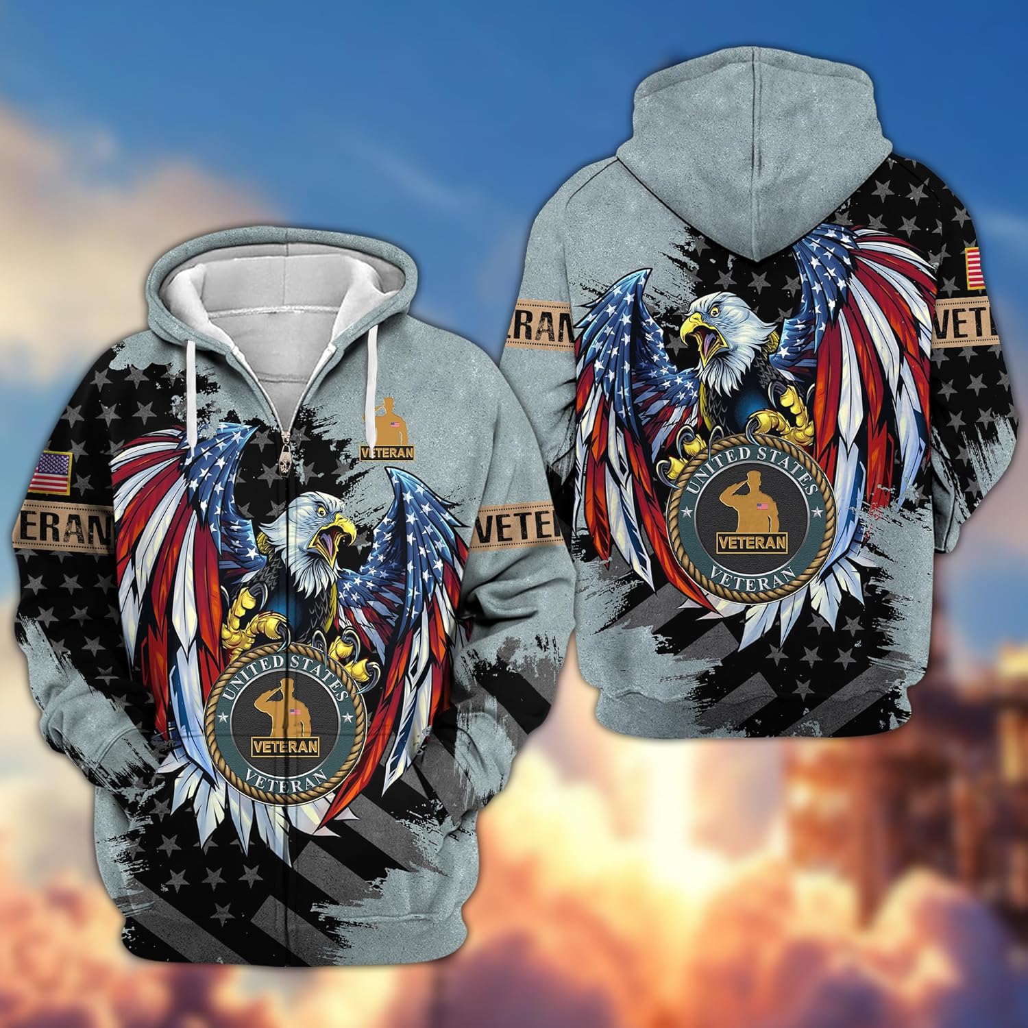Bald Eagle Sweatshirt Veteran Zip-Up Hooded Sweatshirt Military Hoodie American Flag Hoodies For Men Patriotic Hoodie - Image 2