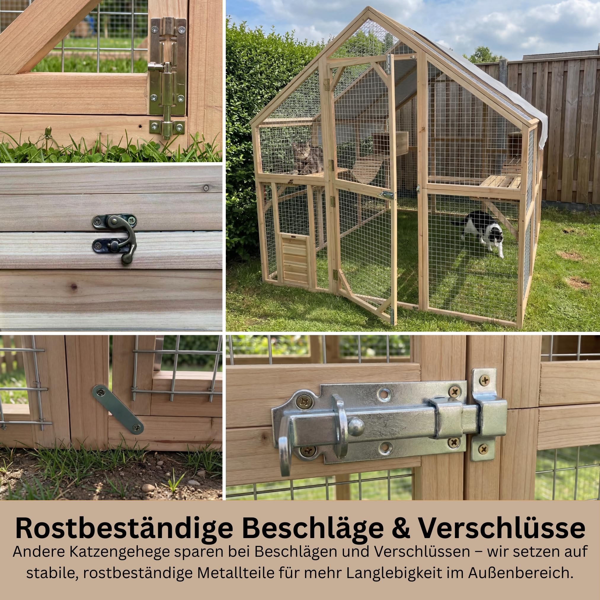 Katzengehege Outdoor XXL – Katzenauslauf und Freilaufgehege für Garten | Massives Holz, 2 mm verzinktes Stahlgitter, begehbar durch große Tür, wetterfest, inkl. Schutzhäuschen, auch für Terrasse