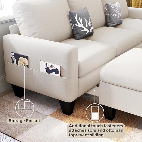 Miniatura 6 de 78" Sectional Sofa Couches for Living Room, Beige Convertible L Shaped Couch with Storage Ottoman, Deep Seat Pet-Friendly Linen Fabric Sofa Set for