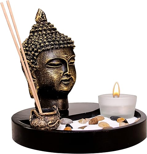 Miniatura 3 de Zen Garden - Escritorio de lujo para meditación, incluye gran estatua de cabeza de Buda, soporte para incienso e incienso, arena, rocas, soporte