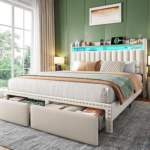 EnHomee Queen Bed Frame with 2 Storage Drawers, Upholstered Platform Bed with LED Lights and Charging Station, Sturdy Wooden Slats Support, No Box Spring Needed, Noise Free, Beige