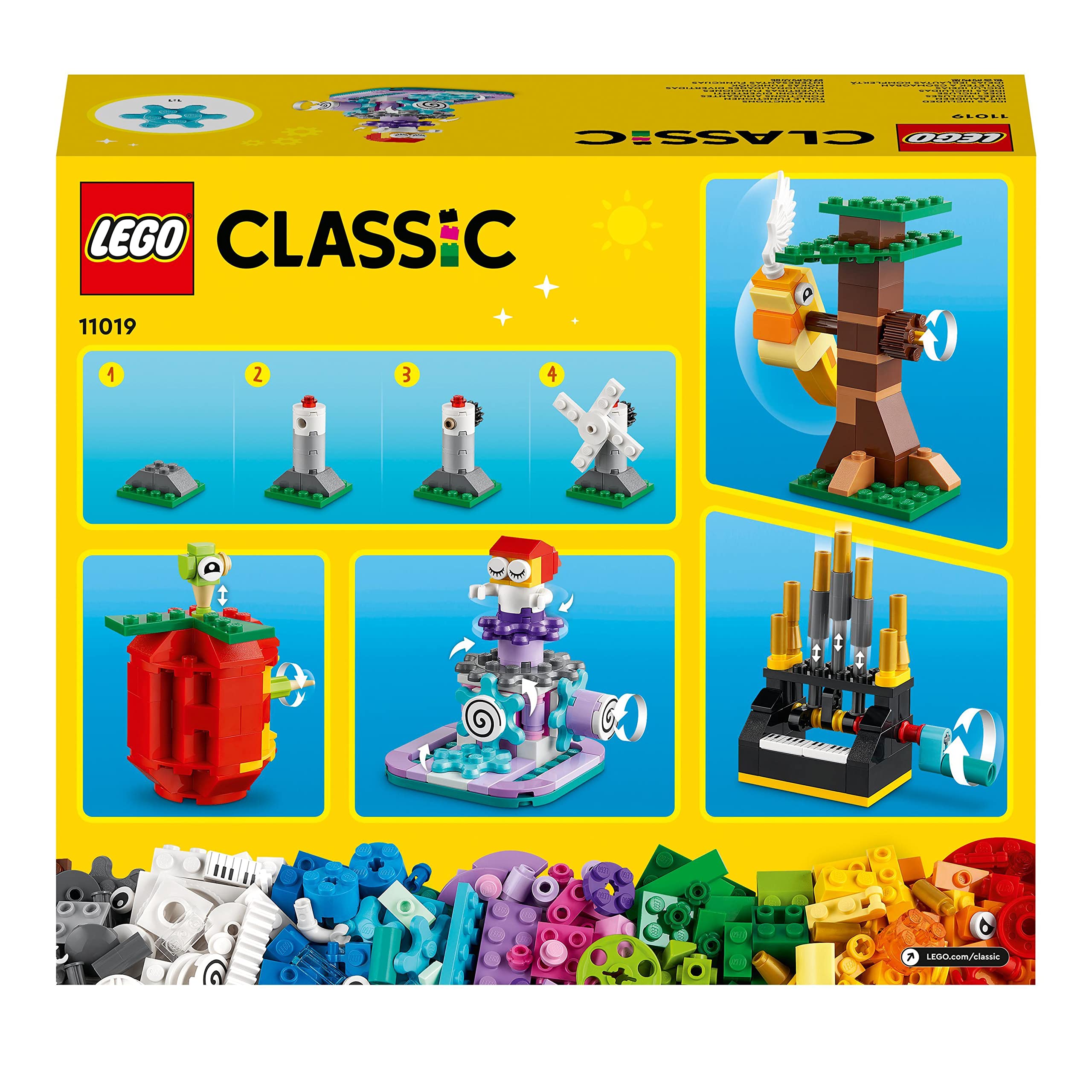 LEGO Classic Mattoncini e Funzioni, Idee Creatie per Costruire 7 Mini Modellini con Meccanismi e Ingranaggi, come una Ballerina, una Mela o un Elicottero Giocattolo, Giochi per Bambini e Bambine 11019