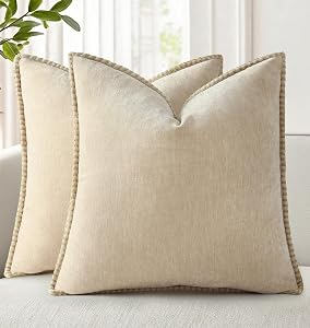 decorUhome Fall Beige Chenille Throw Pillow Covers 18x18 Set of 2 | Modern Farmhouse Boho Velvet Decorative Pillow Covers, Cushion Covers Pillow Cases with Stitched Edge for Sofa Bed Home Decor