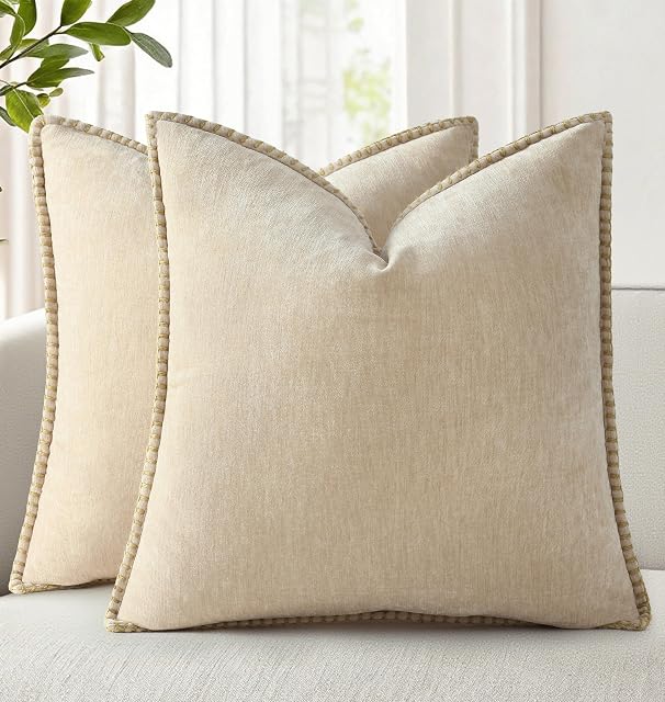 decorUhome Fall Beige Chenille Throw Pillow Covers 18x18 Set of 2 | Modern Farmhouse Boho Velvet Decorative Pillow Covers, Cushion Covers Pillow Cases with Stitched Edge for Sofa Bed Home Decor